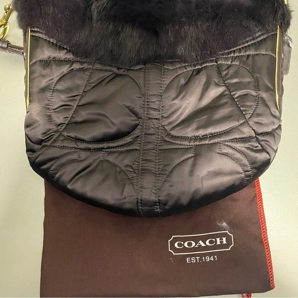 EUC Vintage Coach Brown Rabbit Fur Nylon Quilted Hobo Bag - Limited Edition - Picture 3 of 13
